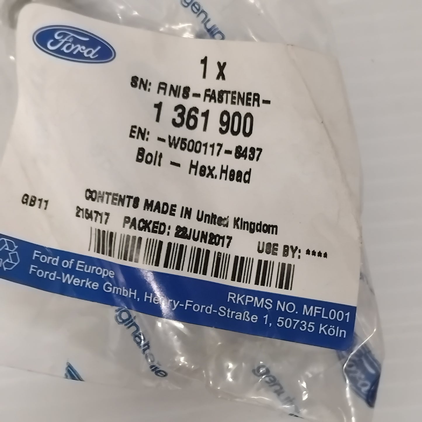 1x Genuine M8X70MM Hex-Head Bolt - Ford Fiesta / Focus / Mondeo | 1361900