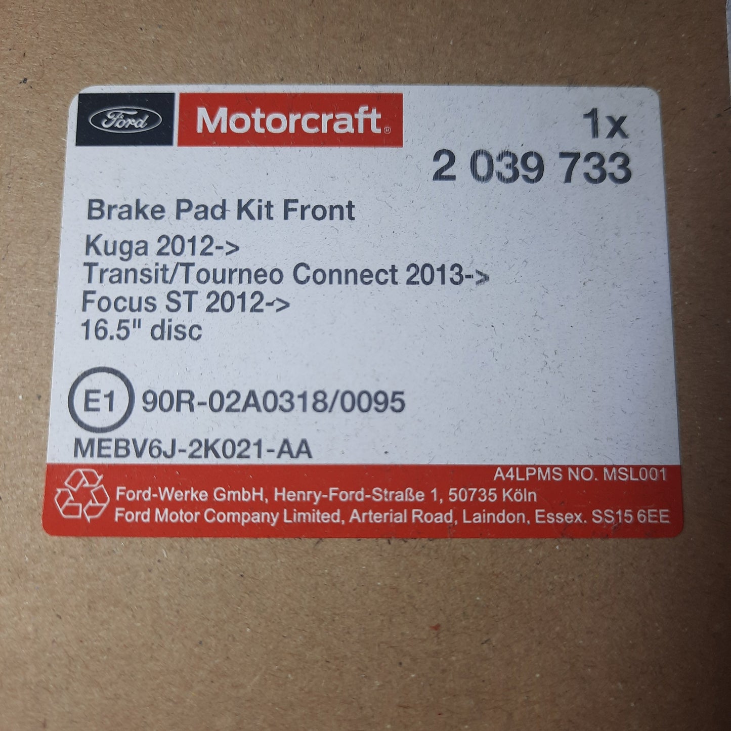 Genuine 16.5" Brake Pad Kit - Ford Focus / Kuga / Transit | 2039733