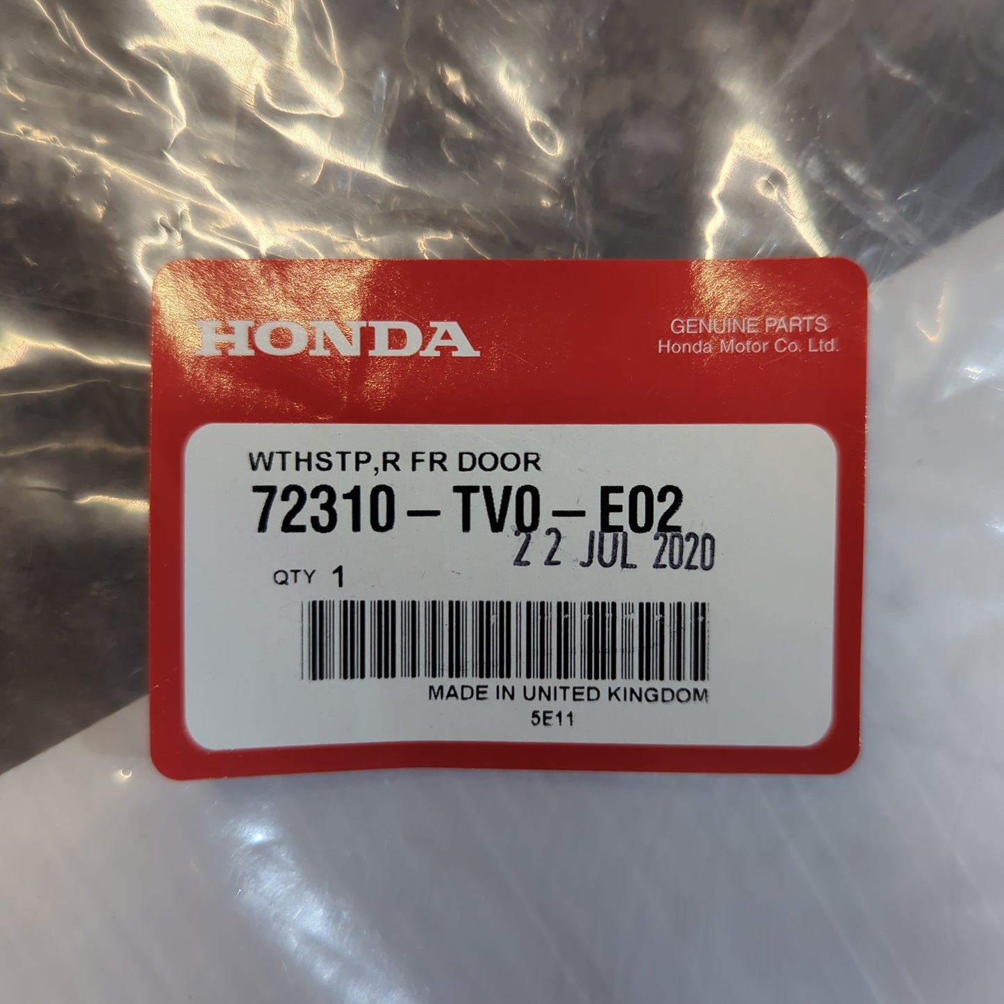 Genuine Right Front Door Weatherstrip - Honda Civic 2012-2016 | 72310TV0E02