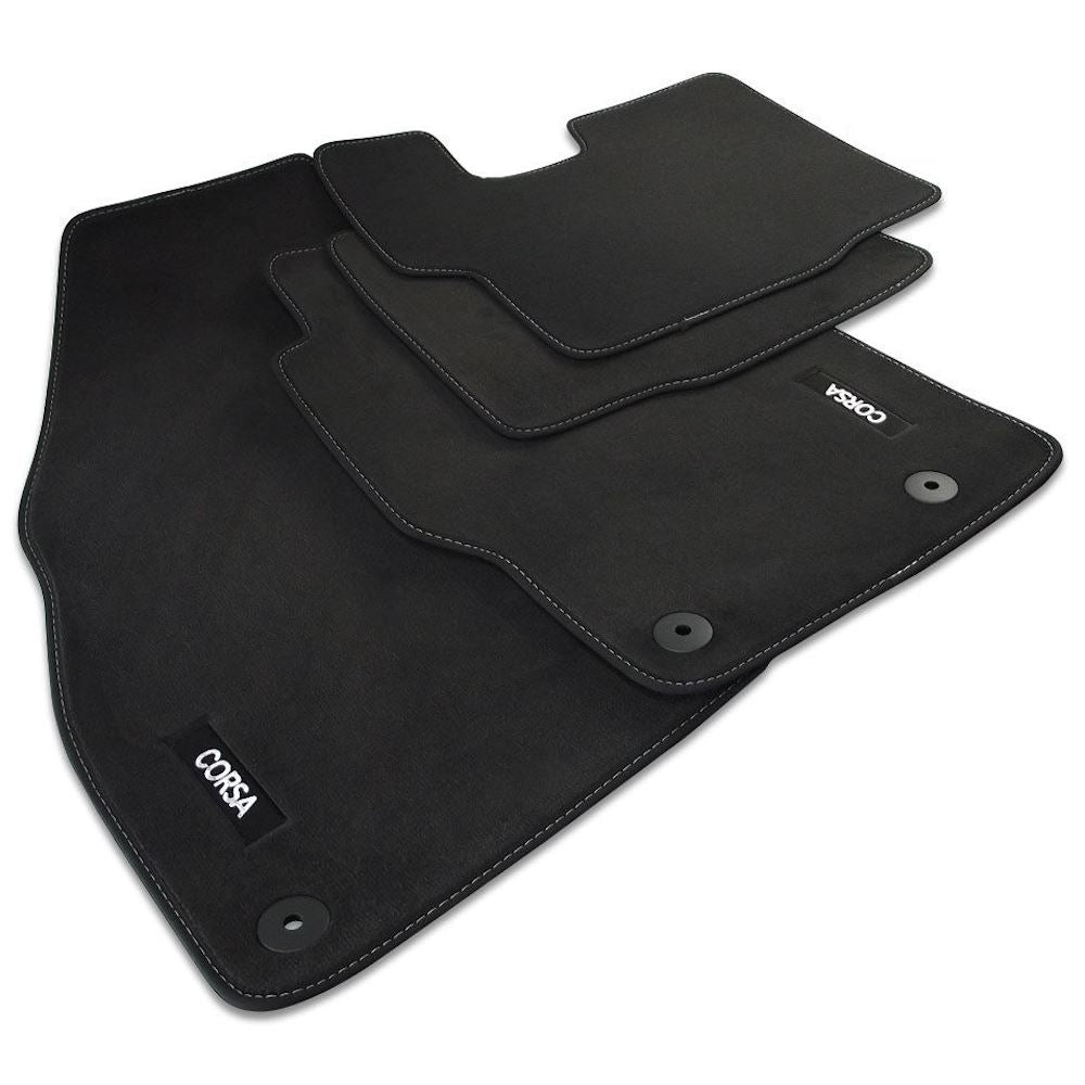 Velour Car Mats - Corsa E 2014-2019 - Black with Stitched Edges | UKCVA025