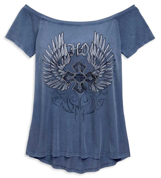 Harley Davidson - Women's Wide Neckline Winged Cross Tee | 96817-19VW