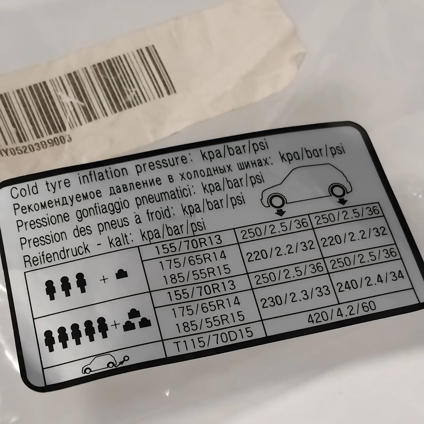 Genuine Hyundai Label-Tire Pressure | 05203B9000