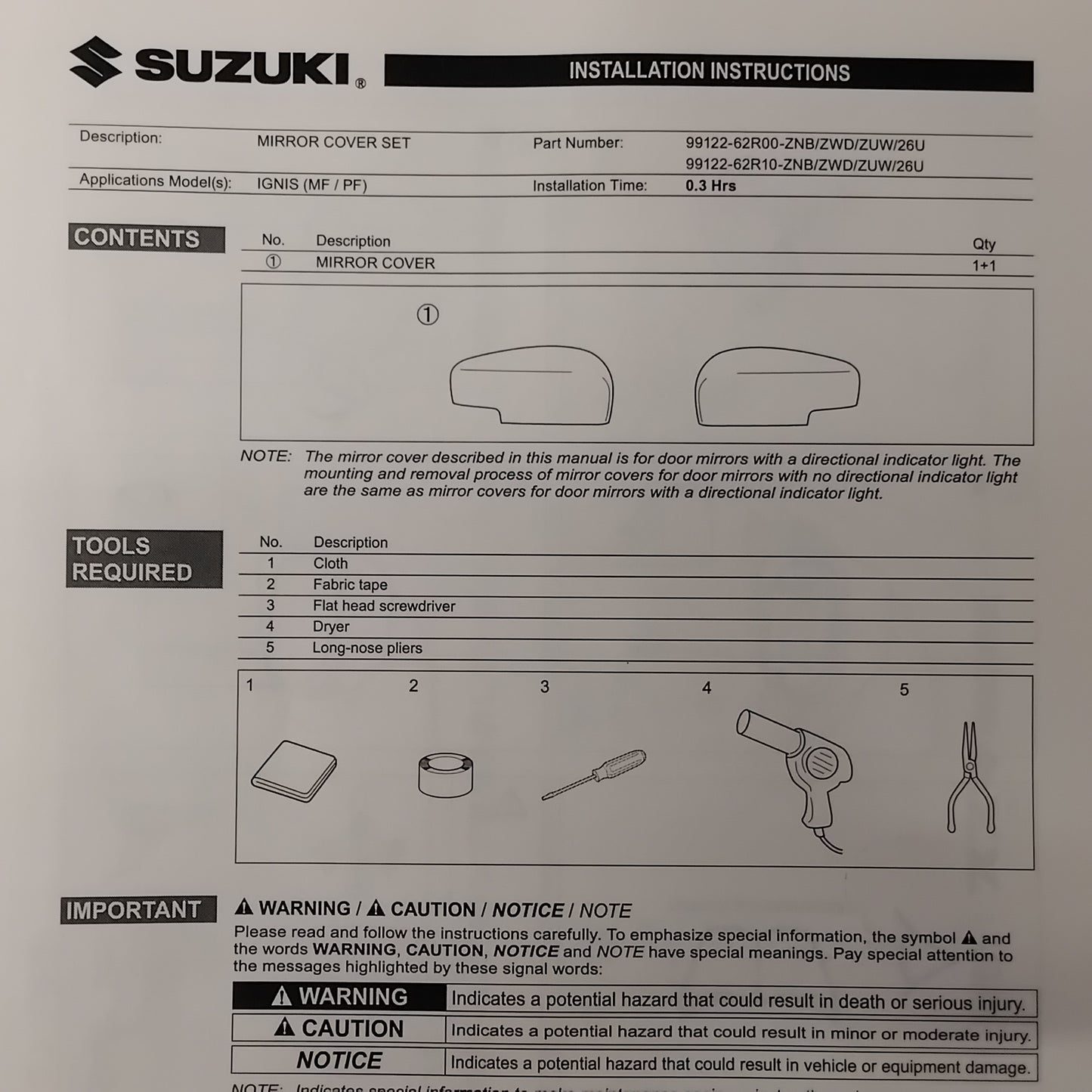 Genuine Wing Mirror Cover White - Suzuki Ignis | 99122-62R00-26U