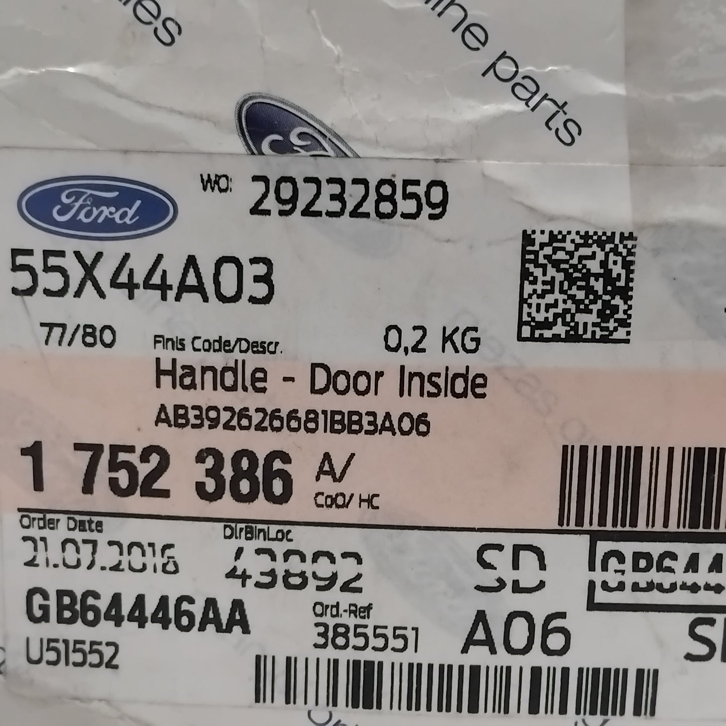 Genuine Rear Left Interior Handle - Ford Ranger 2011-2015 | 1752386