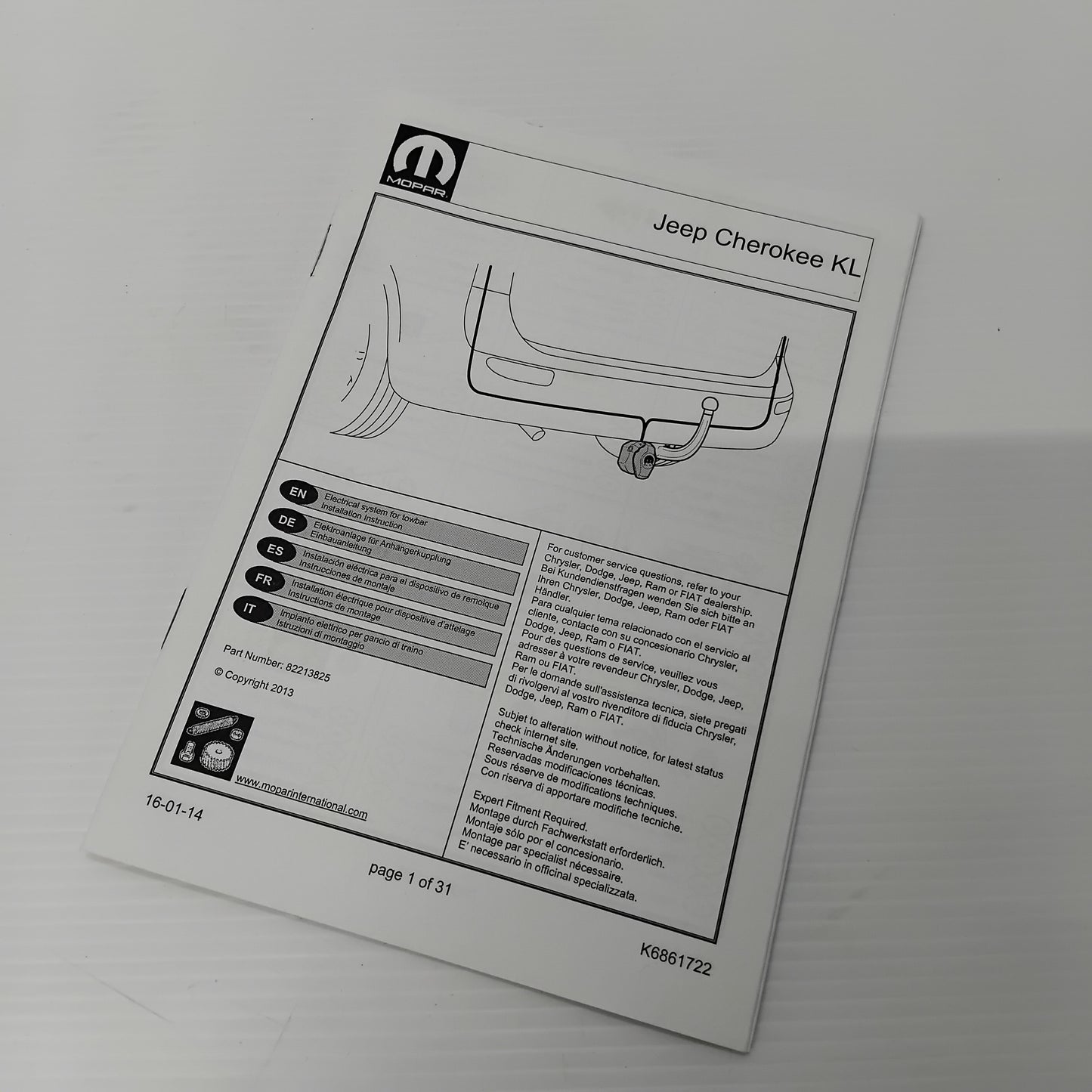 Genuine 13 Pin Towbar Wiring Kit - Jeep Cherokee 2014-2020 | K82213825