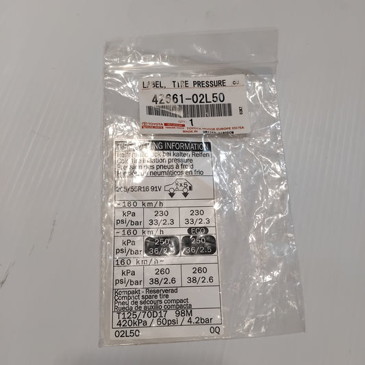 Genuine Toyota Label, Tire Pressure | 42661-02L50